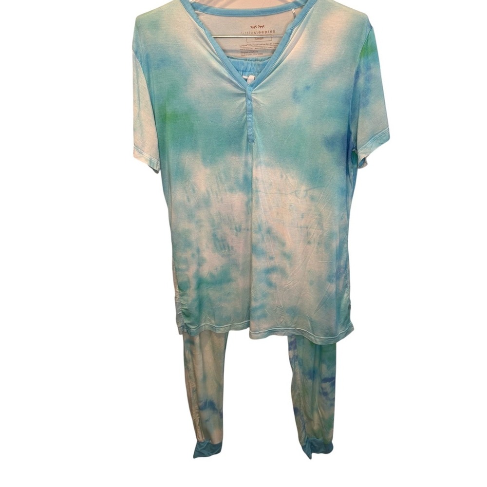 Little Sleepies Women Blue Tie Dye Pajama Set Henley Lunaluxe Bamboo Small